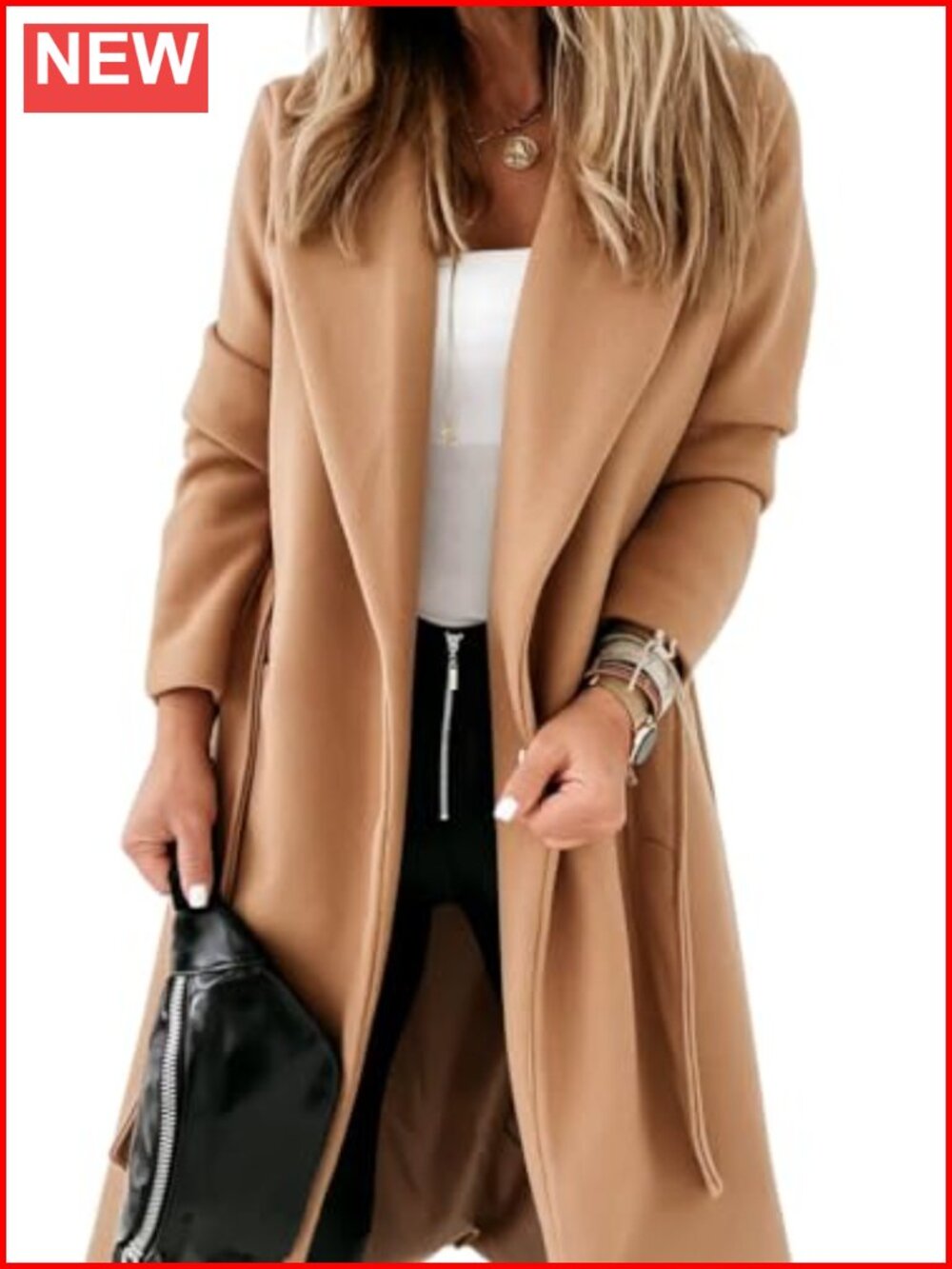 Women's Long Pea Coat - Warm Classic Wool Blend Winter Jacket Open Front Belted